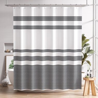 AmazerBath Shower Curtain, Washable Cloth Black Shower Curtain Sets with 12 Shower Curtain Hooks, Fabric Rustic Black and White Striped Curtain, Farmhouse Bathroom Curtains, 72×72 Inches