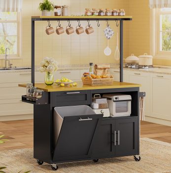 Itaar Rolling Kitchen Island Table on Wheels with Drop Leaf, 40″ Mobile Kitchen Carts with Trash can Storage, Storage Cabinet, Drawer, Spice/Towel Rack, Black
