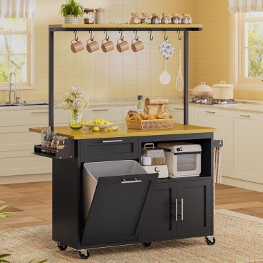 Itaar Rolling Kitchen Island Table on Wheels with Drop Leaf, 40″ Mobile Kitchen Carts with Trash can Storage, Storage Cabinet, Drawer, Spice/Towel Rack, Black