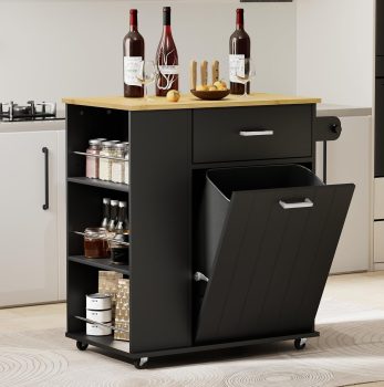 Rolling Kitchen Island with Trash Can Storage, Portable Kitchen Island on Wheels with Towel Rack & Spice Rack, Tilt Out Trash Can Cabinet with Drawer, Mobile Island Cart (Black)