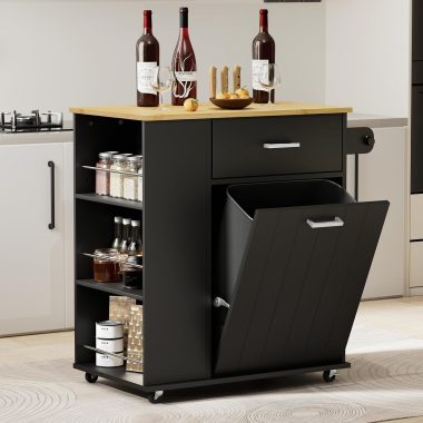 Rolling Kitchen Island with Trash Can Storage, Portable Kitchen Island on Wheels with Towel Rack & Spice Rack, Tilt Out Trash Can Cabinet with Drawer, Mobile Island Cart (Black)
